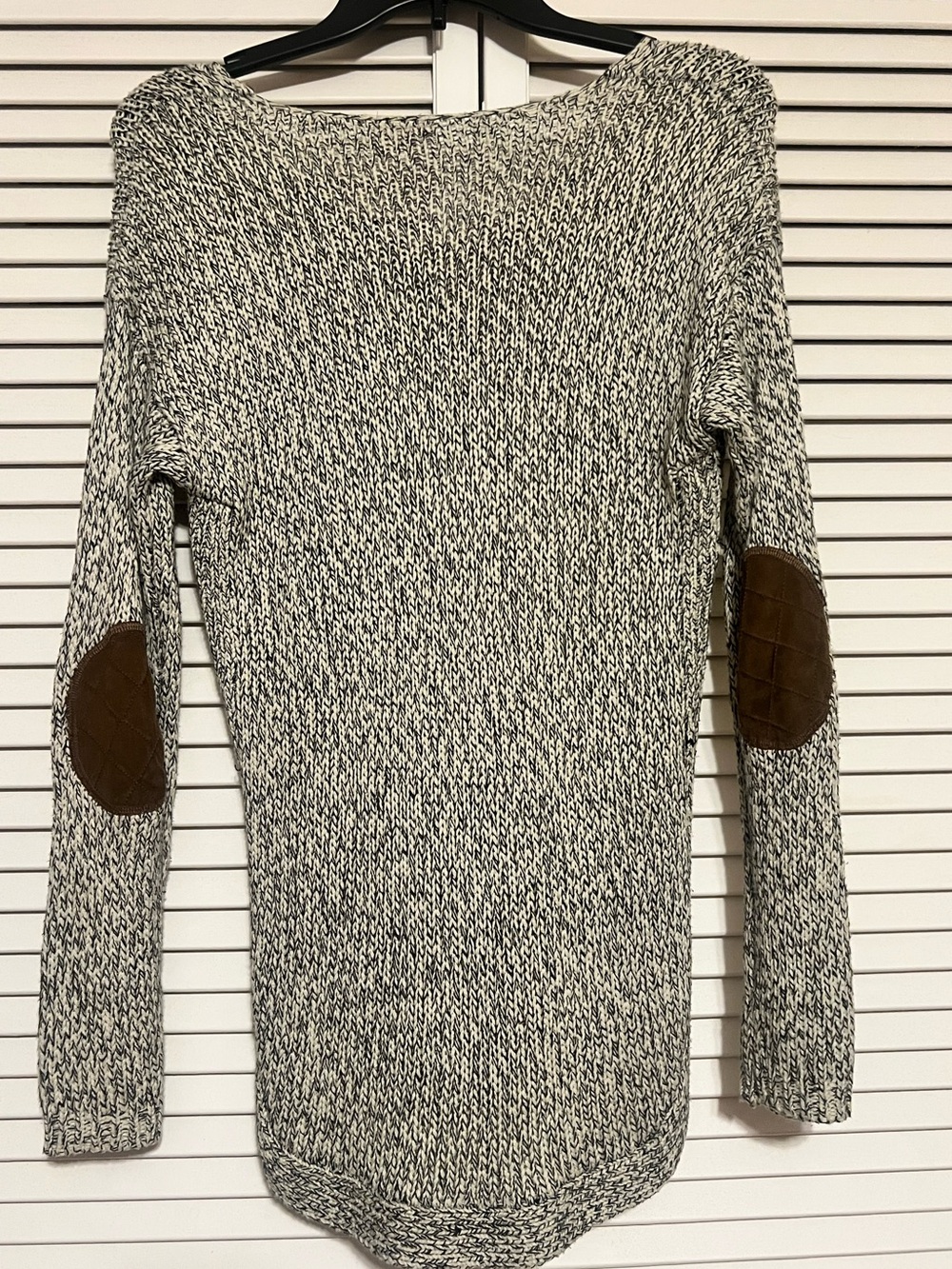 Alya Marled Cream and Black Knit Sweater with Brown Elbow Patches